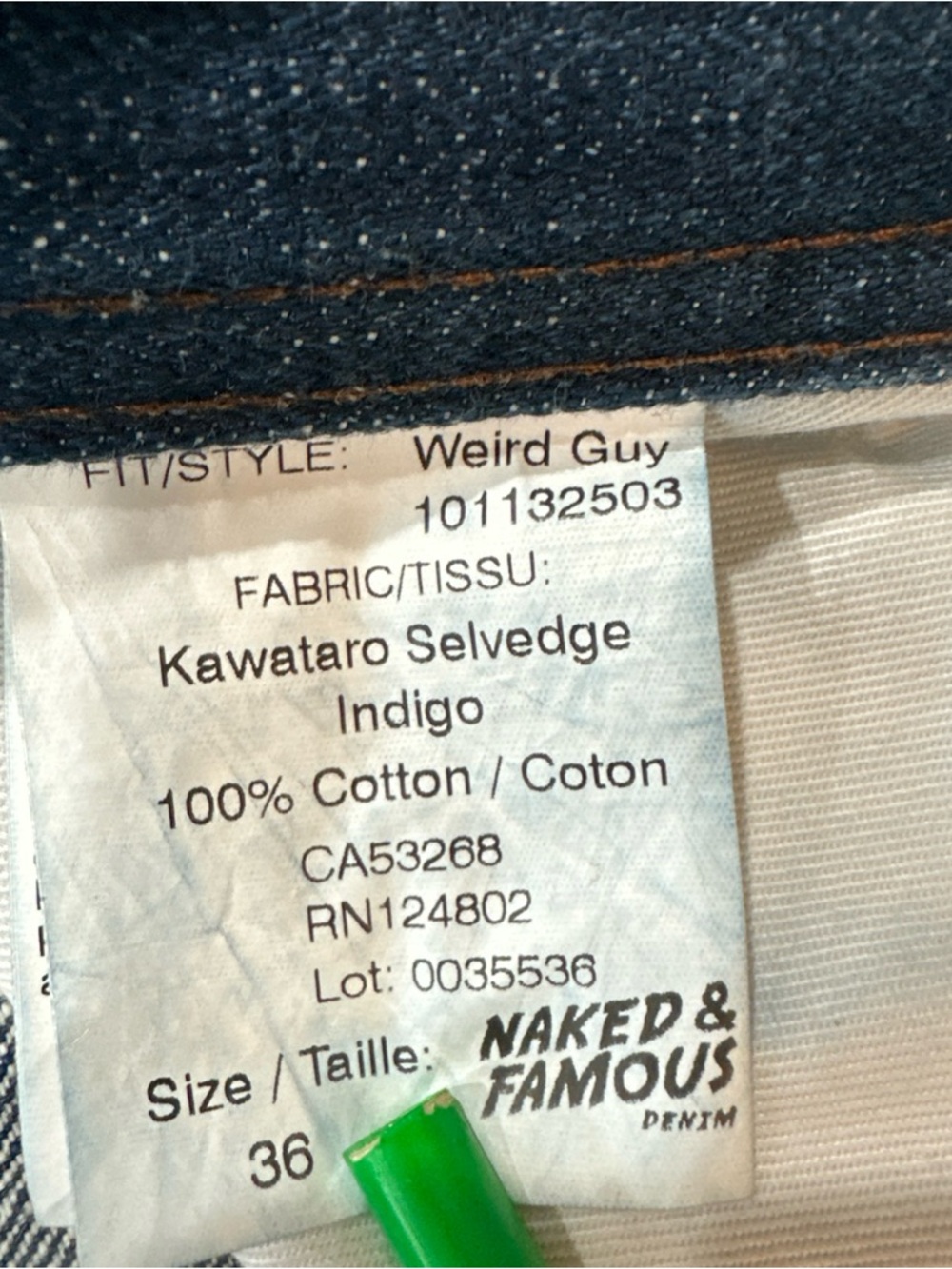 Naked and Famous weird guy Cut kawataro selvedge denim 36x30 - Picture 3 of 6